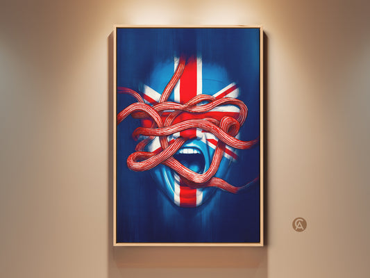 Union Jack abstract face art displayed in a room. The blue red white wall decor enhances an eclectic study room. This surreal canvas print makes a patriotic British gift. Perfect bold statement wall art for a home or office.