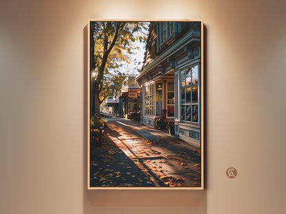 Photorealistic autumn street scene canvas print. Golden light illuminates a traditional entryway. Fallen leaves line the path near vintage storefronts. Perfect cozy autumn home art. Orange and gold tones add charm. This canvas is a thoughtful housewarming gift.