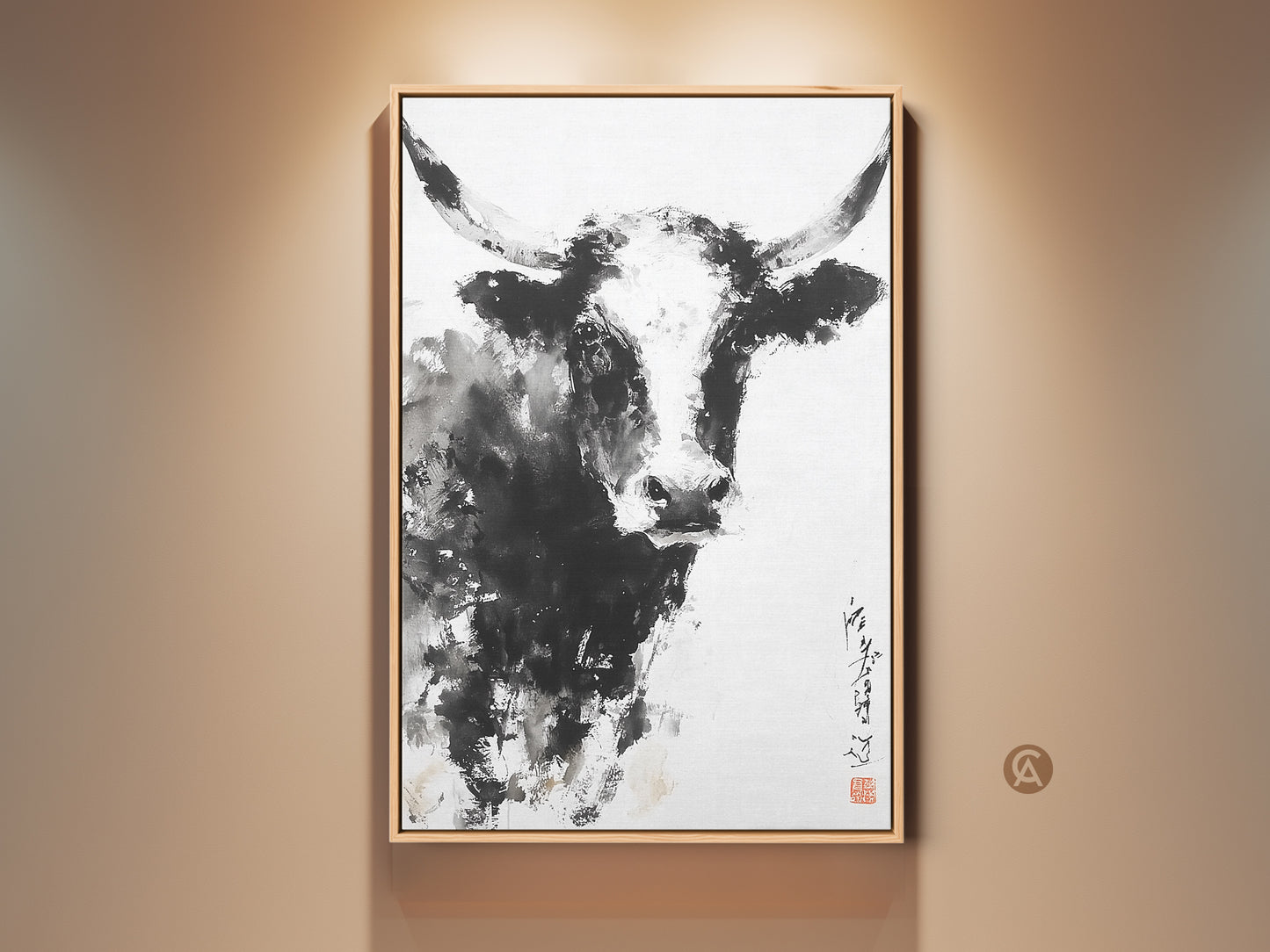 Framed ink wash painting of a longhorn bull. The artwork features a mix of detail and abstraction. The painting is displayed in a natural wood frame. Decorate your walls with farm animal art. Buy unique animal wall art to add character to your home.