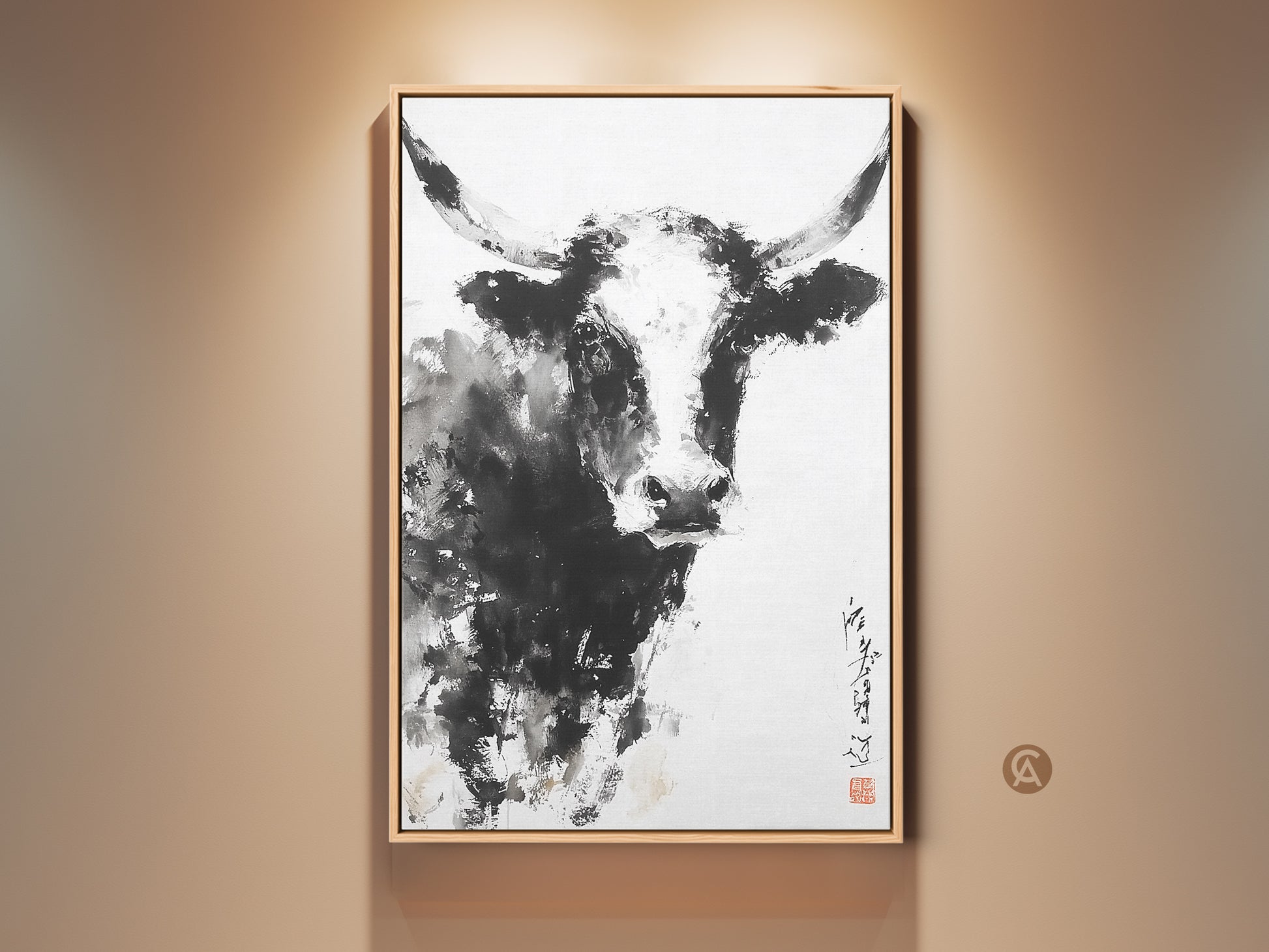 Framed ink wash painting of a longhorn bull. The artwork features a mix of detail and abstraction. The painting is displayed in a natural wood frame. Decorate your walls with farm animal art. Buy unique animal wall art to add character to your home.
