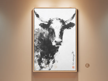 Framed ink wash painting of a longhorn bull. The artwork features a mix of detail and abstraction. The painting is displayed in a natural wood frame. Decorate your walls with farm animal art. Buy unique animal wall art to add character to your home.