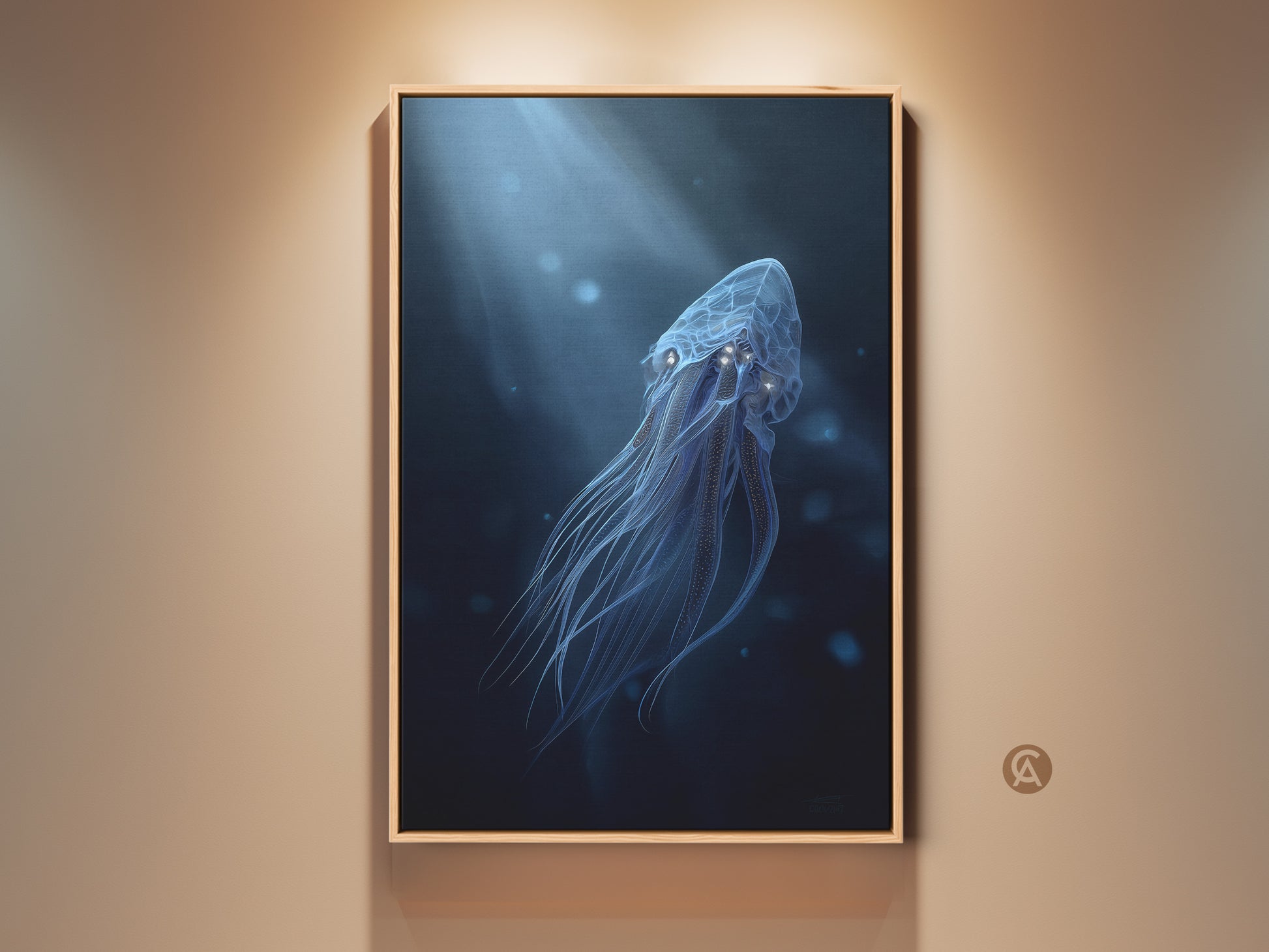 Framed surreal jellyfish canvas print. This electric blue and cyan ocean art brings bioluminescence fantasy decor to any wall. A contemporary artwork for ocean lovers. Perfect housewarming gift.