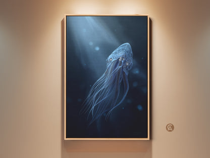 Framed surreal jellyfish canvas print. This electric blue and cyan ocean art brings bioluminescence fantasy decor to any wall. A contemporary artwork for ocean lovers. Perfect housewarming gift.