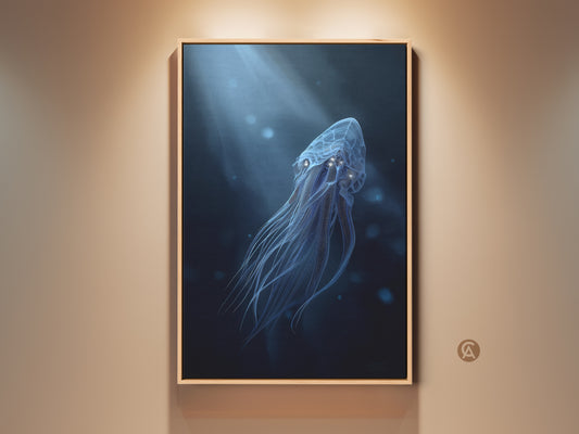 Framed surreal jellyfish canvas print. This electric blue and cyan ocean art brings bioluminescence fantasy decor to any wall. A contemporary artwork for ocean lovers. Perfect housewarming gift.