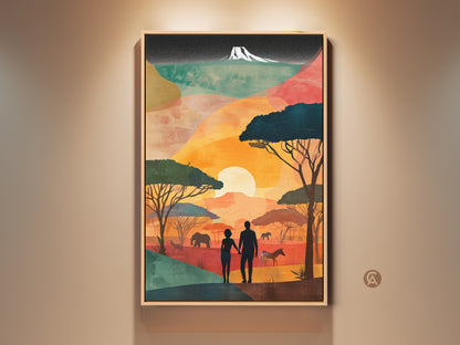Experience this retro African landscape canvas print. See a boho couple silhouetted against a vibrant sunset. The wildlife art decor showcases elephants zebras & savanna trees. This artwork brings warmth to any room. A perfect anniversary gift that captures the spirit of wanderlust & romantic adventure.