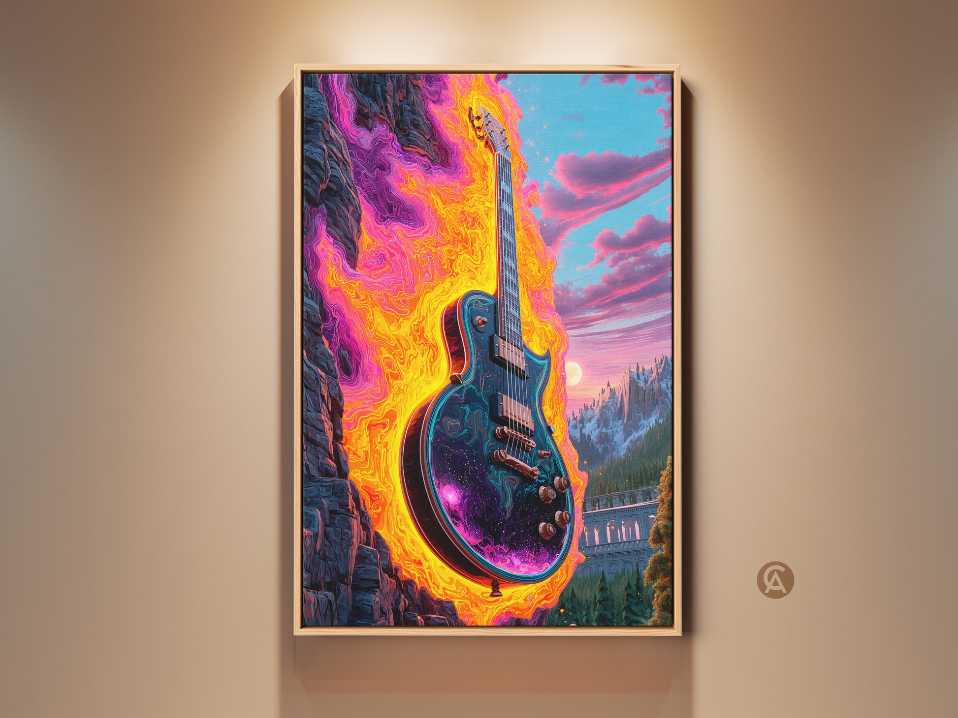 Vibrant psychedelic electric guitar artwork on canvas. Fiery oranges purples and cosmic blues create a surreal mountain landscape. Perfect wall decor for music rooms and studios. A unique gift for musicians and art lovers. Eclectic impactful home decor with intense color and artistic flair.