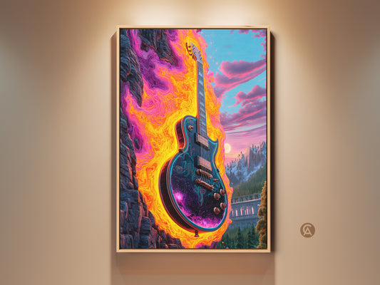 Vibrant psychedelic electric guitar artwork on canvas. Fiery oranges purples and cosmic blues create a surreal mountain landscape. Perfect wall decor for music rooms and studios. A unique gift for musicians and art lovers. Eclectic impactful home decor with intense color and artistic flair.