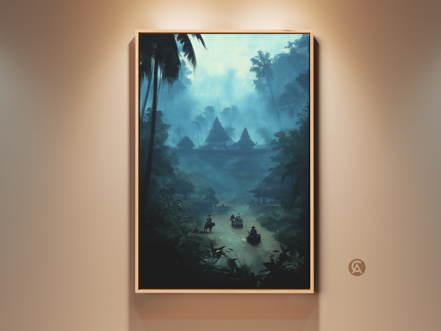 Misty Blue Jungle River artwork on canvas. This bohemian landscape print captures a travel culture scene. The deep teal wall decor enhances any space. See the village boats reflecting the exotic destination. A perfect housewarming gift for travel enthusiasts.