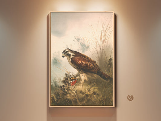 A framed natural history hawk art print hangs on a tan wall. This vintage bird wall decor is a traditional study gift. Wildlife animal artwork with tan and brown hues brings rustic charm to any space.