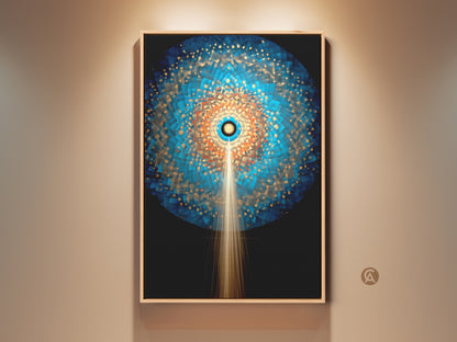 Contemporary abstract canvas art in a modern entry hall. The geometric sunburst mandala artwork features deep blues orange gold accents. This radial pattern art print adds spiritual decor and mindful living vibes.