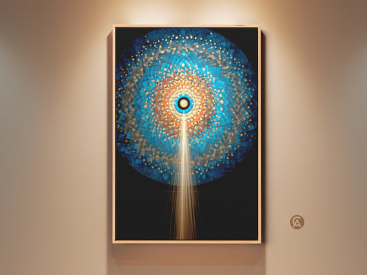 Contemporary abstract canvas art in a modern entry hall. The geometric sunburst mandala artwork features deep blues orange gold accents. This radial pattern art print adds spiritual decor and mindful living vibes.
