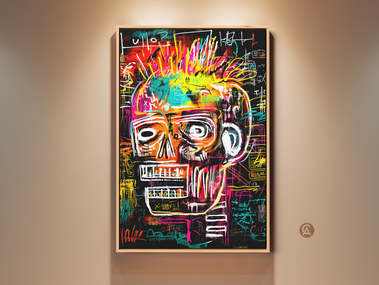 Framed Basquiat-inspired skull artwork. The art features vibrant colors and bold lines. This striking piece adds an edgy modern touch. A perfect focal point for contemporary spaces. The artwork is displayed on a neutral wall. It is ready to hang and enjoy.
