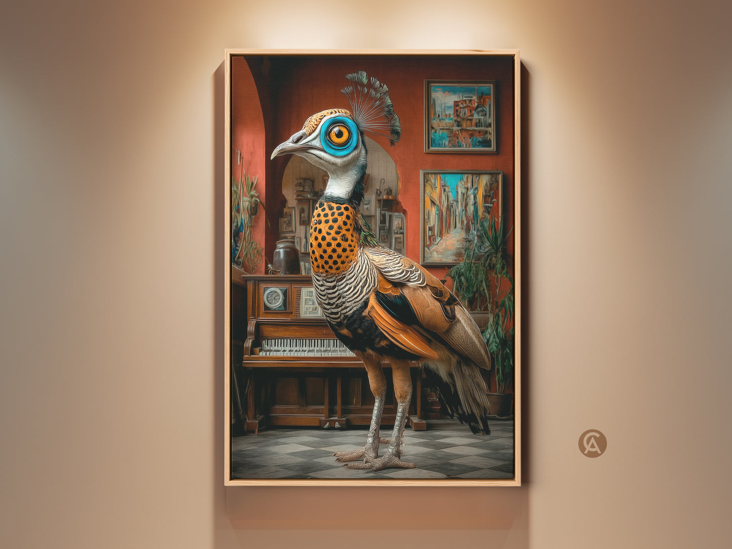 A surreal peacock artwork stands in a room. The ornate bird print features blue orange and teal hues. It is perfect eclectic wall decor for a study room. Consider it as a unique gift for art lovers. The fine art print adds an artistic touch to any space.