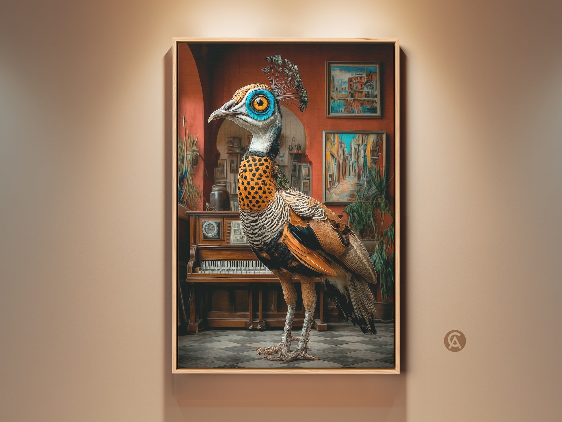 A surreal peacock artwork stands in a room. The ornate bird print features blue orange and teal hues. It is perfect eclectic wall decor for a study room. Consider it as a unique gift for art lovers. The fine art print adds an artistic touch to any space.