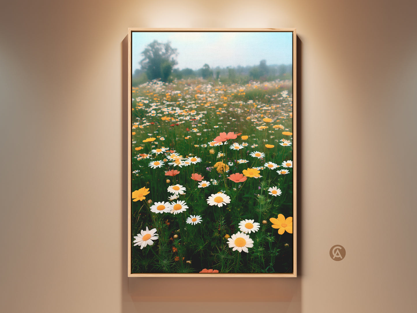 Framed botanical canvas print featuring an impressionistic daisy field. The wildflower landscape wall decor is a boho style. The yellow and white floral art adds a cheerful touch to any room. A perfect housewarming gift for her.