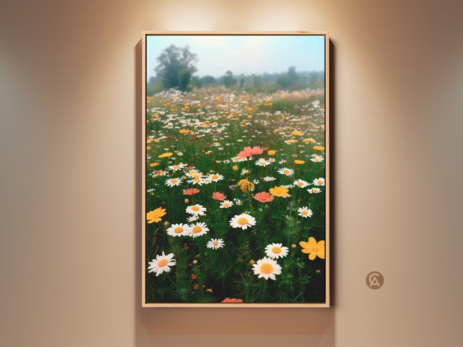 Framed botanical canvas print featuring an impressionistic daisy field. The wildflower landscape wall decor is a boho style. The yellow and white floral art adds a cheerful touch to any room. A perfect housewarming gift for her.