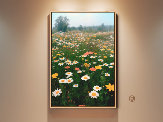 Framed botanical canvas print featuring an impressionistic daisy field. The wildflower landscape wall decor is a boho style. The yellow and white floral art adds a cheerful touch to any room. A perfect housewarming gift for her.