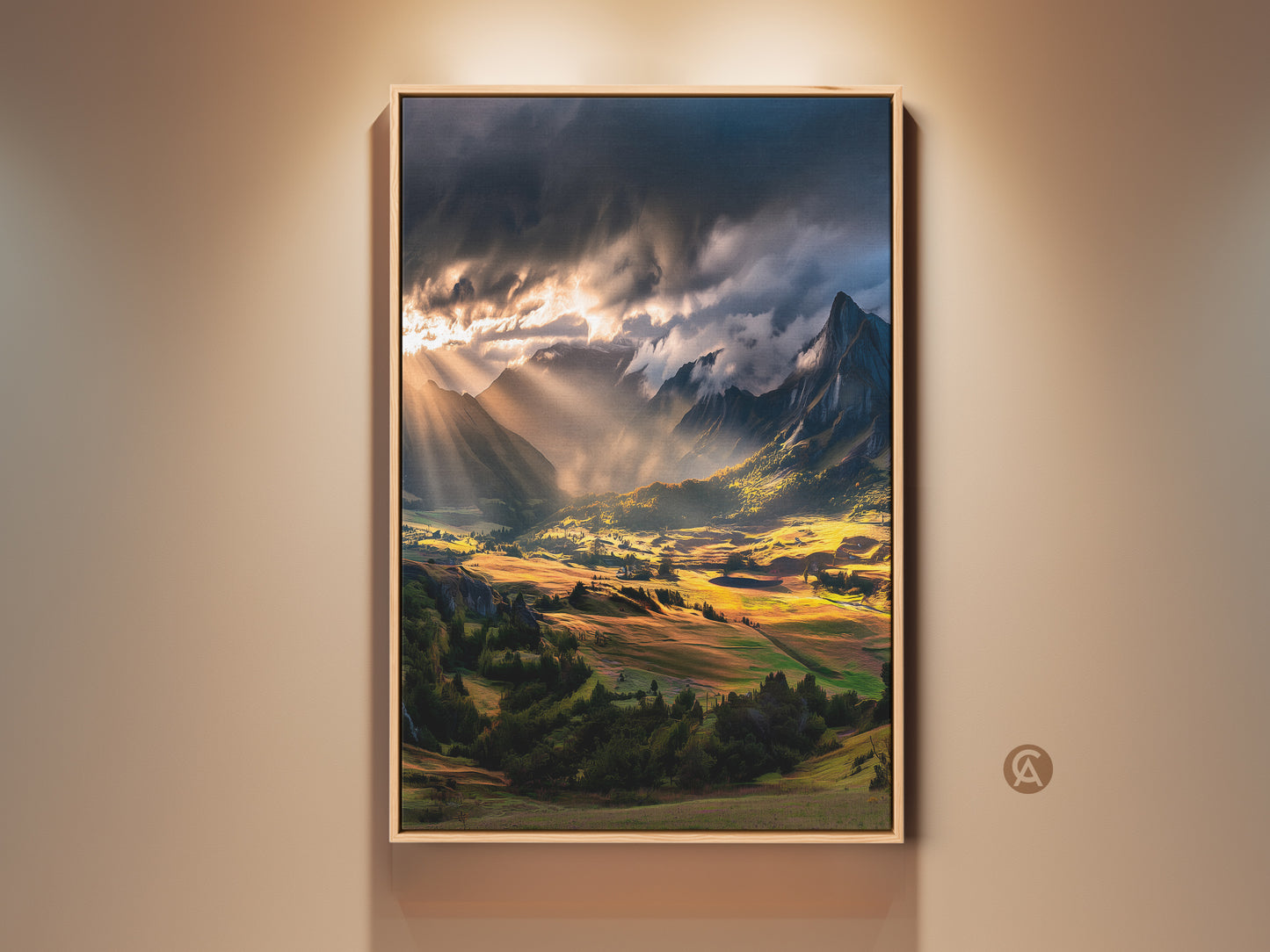 Sunbeam Mountain Landscape Canvas Art in a rustic frame. Golden valley artwork brings nature indoors. Perfect wall decor for hikers and mountain lovers. The sun rays add a dramatic touch. Hang this scenic valley painting in your bedroom for a peaceful vista.
