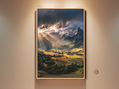 Sunbeam Mountain Landscape Canvas Art in a rustic frame. Golden valley artwork brings nature indoors. Perfect wall decor for hikers and mountain lovers. The sun rays add a dramatic touch. Hang this scenic valley painting in your bedroom for a peaceful vista.