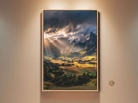 Sunbeam Mountain Landscape Canvas Art in a rustic frame. Golden valley artwork brings nature indoors. Perfect wall decor for hikers and mountain lovers. The sun rays add a dramatic touch. Hang this scenic valley painting in your bedroom for a peaceful vista.