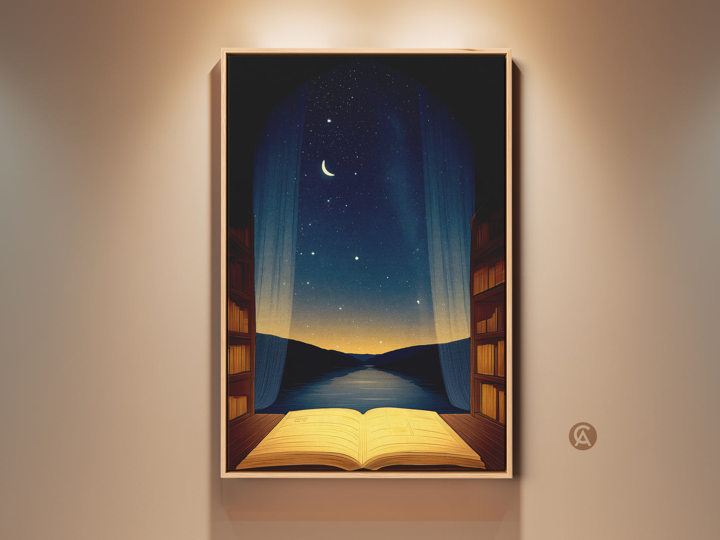 Conceptual open book artwork beneath a night sky. Stars and moon are visible through draped curtains. Bookshelves flank the window in this study office decor piece. A surreal canvas print adds a literary touch to any room. Perfect gift for bookworms.