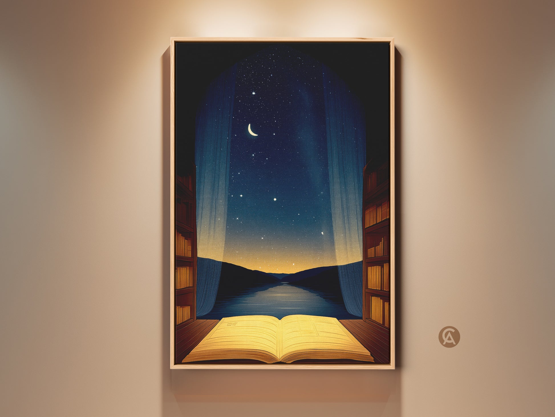 Conceptual open book artwork beneath a night sky. Stars and moon are visible through draped curtains. Bookshelves flank the window in this study office decor piece. A surreal canvas print adds a literary touch to any room. Perfect gift for bookworms.