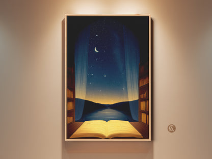 Conceptual open book artwork beneath a night sky. Stars and moon are visible through draped curtains. Bookshelves flank the window in this study office decor piece. A surreal canvas print adds a literary touch to any room. Perfect gift for bookworms.
