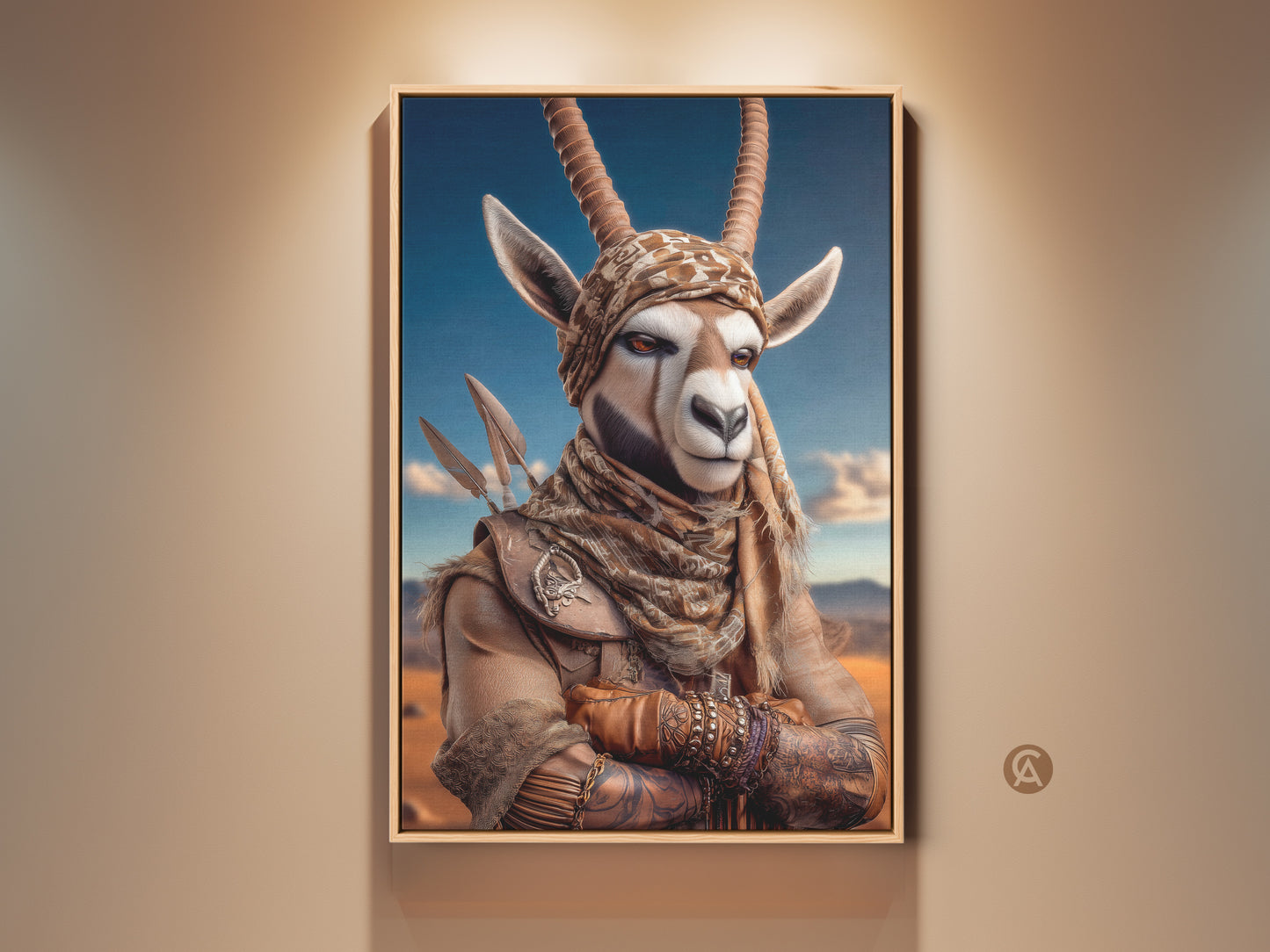 Framed Spiritual Warrior Gazelle Canvas Art. Features a tribal african animal art in an eclectic desert landscape. The tan and brown hues bring fantasy to any room. A unique housewarming gift for your travel-obsessed friend. 