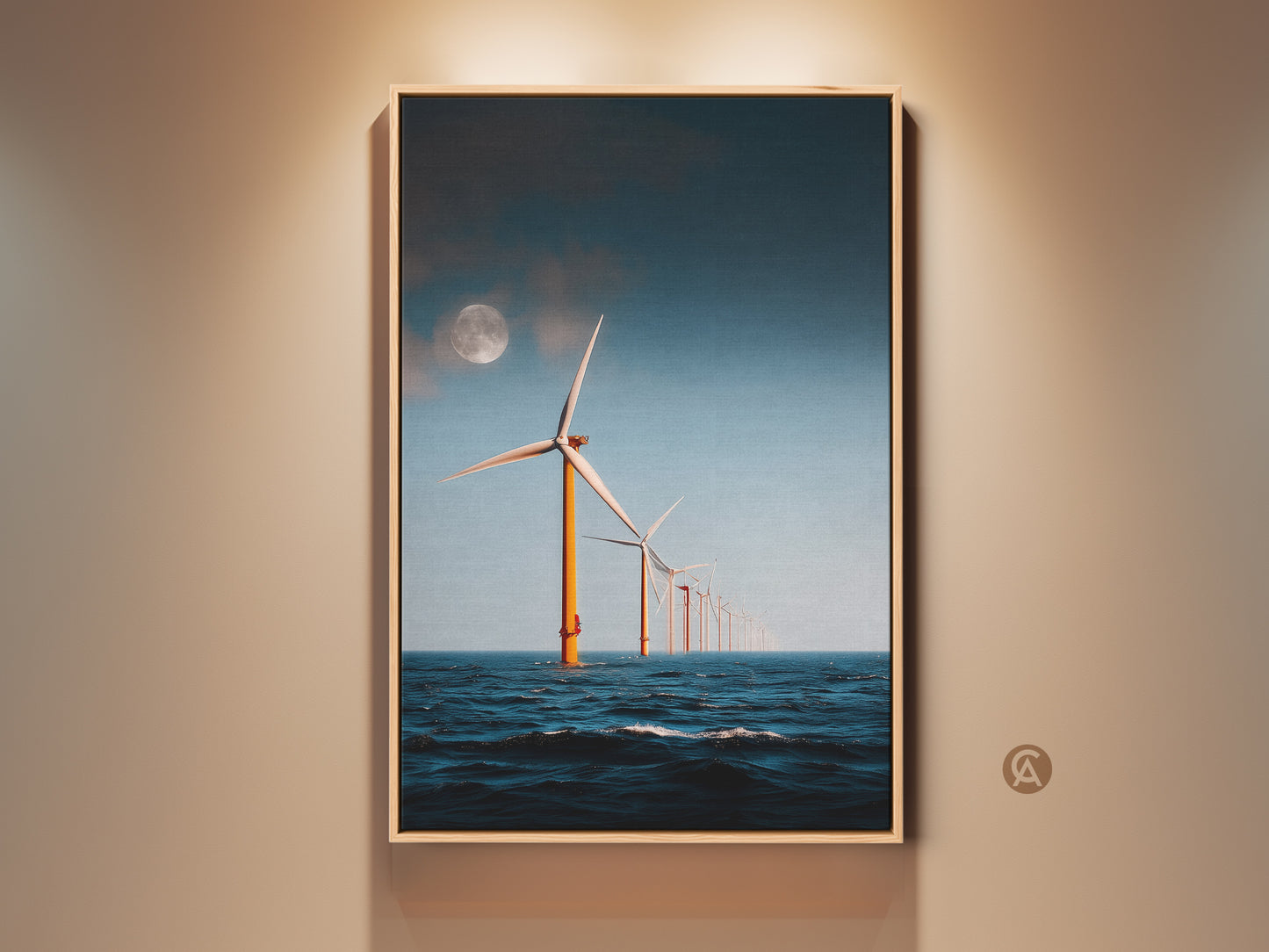 Framed Moonlit Ocean Wind Turbine Canvas Print. This modern minimalist seascape art features offshore wind turbines under a moonlit sky. The industrial landscape wall decor is a unique eco home gift with blue sea and orange accents. Perfect for contemporary spaces.
