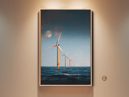 Framed Moonlit Ocean Wind Turbine Canvas Print. This modern minimalist seascape art features offshore wind turbines under a moonlit sky. The industrial landscape wall decor is a unique eco home gift with blue sea and orange accents. Perfect for contemporary spaces.