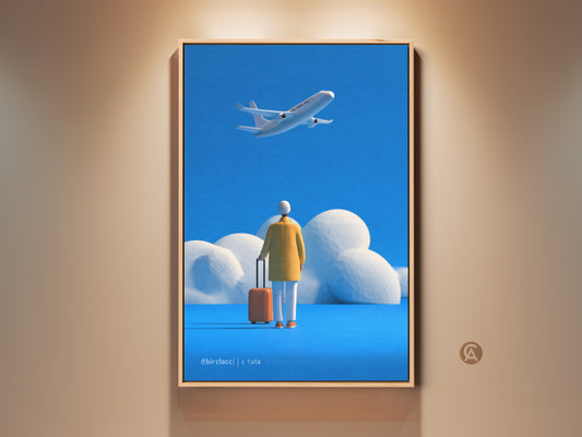Surreal aviation Canvas artwork featuring a minimalist airplane print. Blue and orange wall decor adds a contemporary touch. A traveler stands ready perfect for entryway art. This unique piece is a great gift for travel lovers. Ideal for modern home decor and office spaces offering a sense of wanderlust.