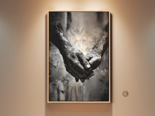 Monochrome elderly hands art print in a wooden frame. Expressive artwork symbolizing human connection and empathy. Perfect anniversary gift or bedroom wall decor. Black and gray contemporary art.