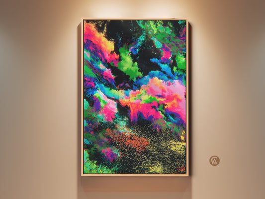 Vibrant abstract explosion art print is displayed in a warm-toned room. The digital artwork blends magenta blue and green hues. This modern office art adds a bold and eclectic touch. Perfect as statement wall decor.