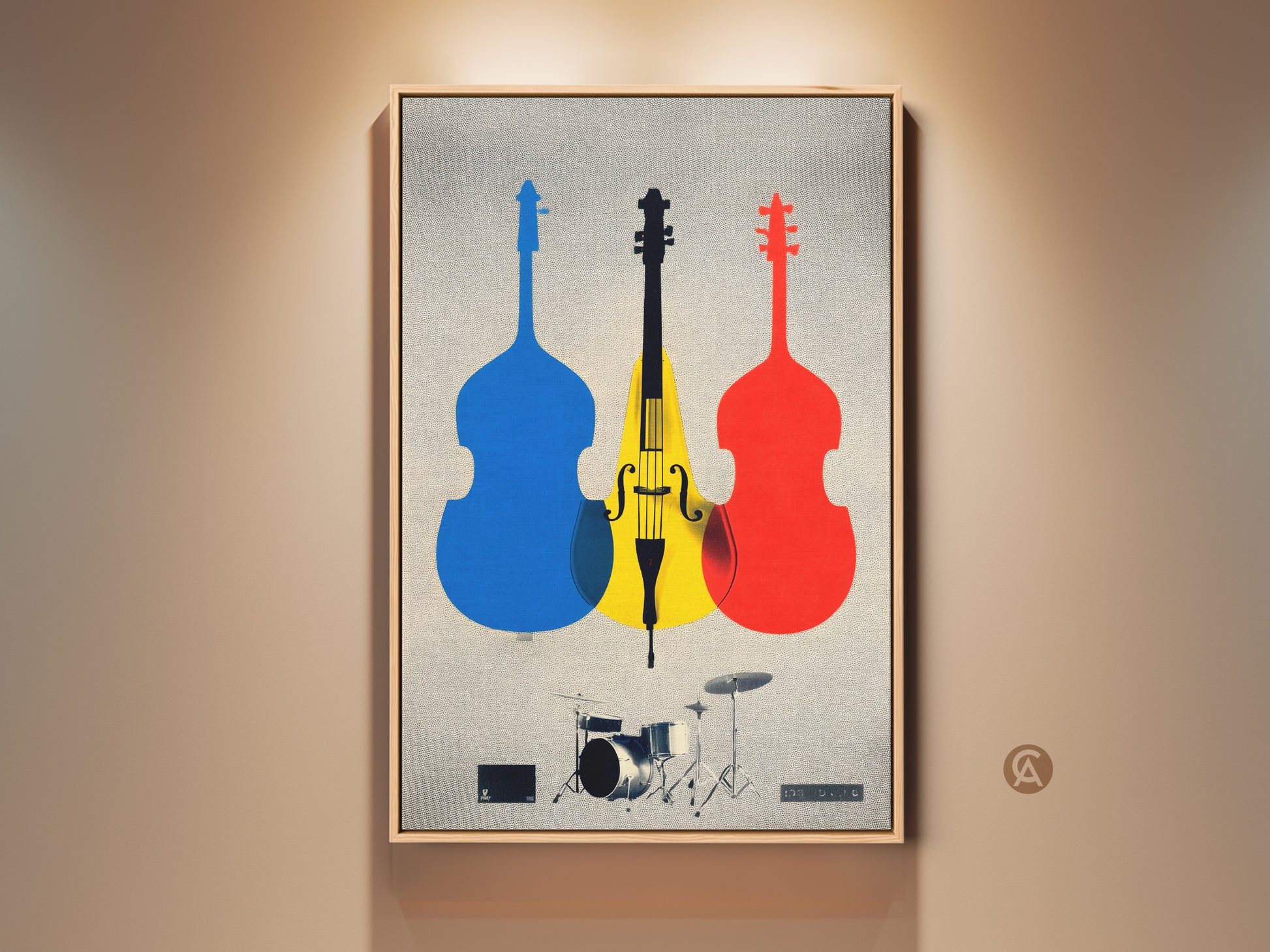 Mid-Century Modern wall art featuring abstract cello art. This canvas print showcases a drum set in blue yellow and red tones. Ideal music room decor or a unique musician birthday gift. The modern graphic music art will enhance any space with its colorful musical instrument art. This is a jazz music poster.