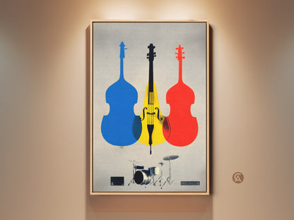 Mid-Century Modern wall art featuring abstract cello art. This canvas print showcases a drum set in blue yellow and red tones. Ideal music room decor or a unique musician birthday gift. The modern graphic music art will enhance any space with its colorful musical instrument art. This is a jazz music poster.