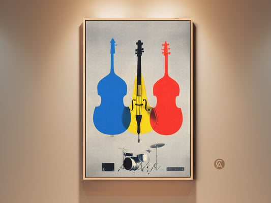 Mid-Century Modern wall art featuring abstract cello art. This canvas print showcases a drum set in blue yellow and red tones. Ideal music room decor or a unique musician birthday gift. The modern graphic music art will enhance any space with its colorful musical instrument art. This is a jazz music poster.