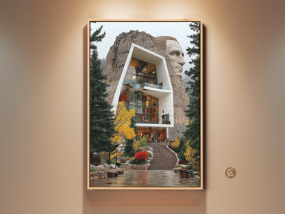 A framed canvas print showcases a unique blend of modern architecture and monumental sculpture. The contemporary house art is integrated into a carved stone head. This artwork captures a sophisticated palette suitable for modern interiors. A great housewarming present and indoor outdoor art piece.