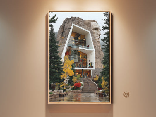 A framed canvas print showcases a unique blend of modern architecture and monumental sculpture. The contemporary house art is integrated into a carved stone head. This artwork captures a sophisticated palette suitable for modern interiors. A great housewarming present and indoor outdoor art piece.