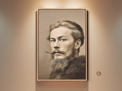 Classic sepia man portrait art print on a wall. This vintage bearded gentleman wall artwork adds traditional decor to a study or office. It's a great history buff gift idea.