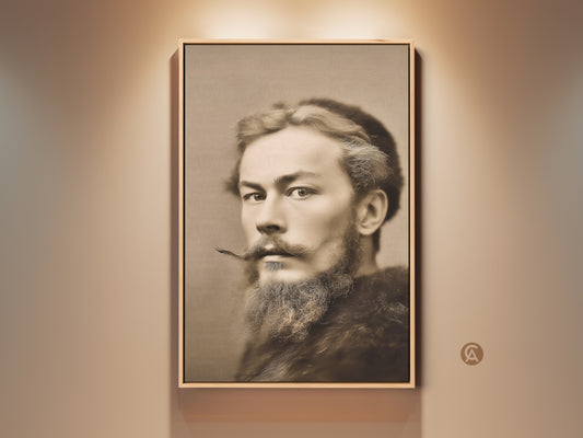 Classic sepia man portrait art print on a wall. This vintage bearded gentleman wall artwork adds traditional decor to a study or office. It's a great history buff gift idea.