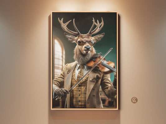 Deer playing violin canvas art in an eclectic study room setting. This surreal animal musician artwork features tan and brown tones. It's a perfect gift for music enthusiasts. The deer wears a suit and sunglasses adding a whimsical touch to the animal portrait wall hanging. This artwork enhances any traditional space.