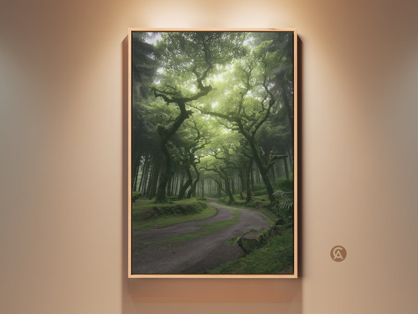 Misty emerald green trees line a winding path in this boho forest canvas print. The twisted trees artwork creates an enchanted woodland path. It's perfect deep green nature decor for a serene and calming atmosphere. Get this nature landscape canvas to transform your space