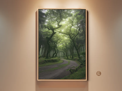 Misty emerald green trees line a winding path in this boho forest canvas print. The twisted trees artwork creates an enchanted woodland path. It's perfect deep green nature decor for a serene and calming atmosphere. Get this nature landscape canvas to transform your space