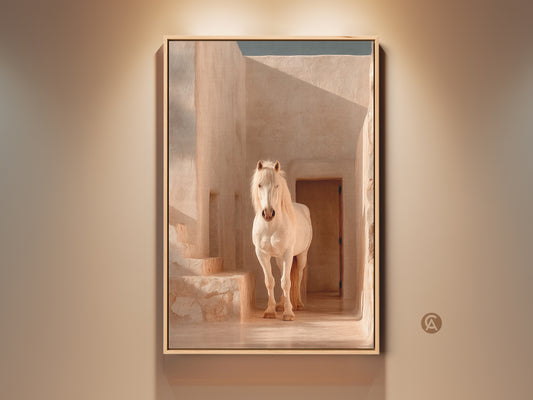 Photorealistic horse art standing in a Mediterranean courtyard. This minimalist horse canvas print is cream tan beige. A perfect piece of animal wall art for entryway decor or a housewarming gift. The horse artwork brings a travel-inspired aesthetic to your space.