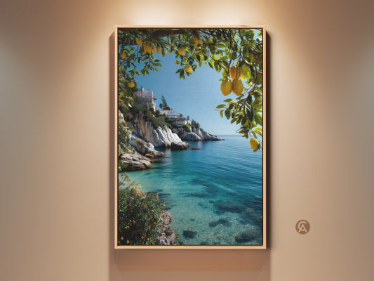 Framed Mediterranean Villa Canvas Art Print. This coastal landscape features a lemon tree and turquoise ocean view. Perfect beach house decor adds summer vibes. A tranquil European villa artwork.