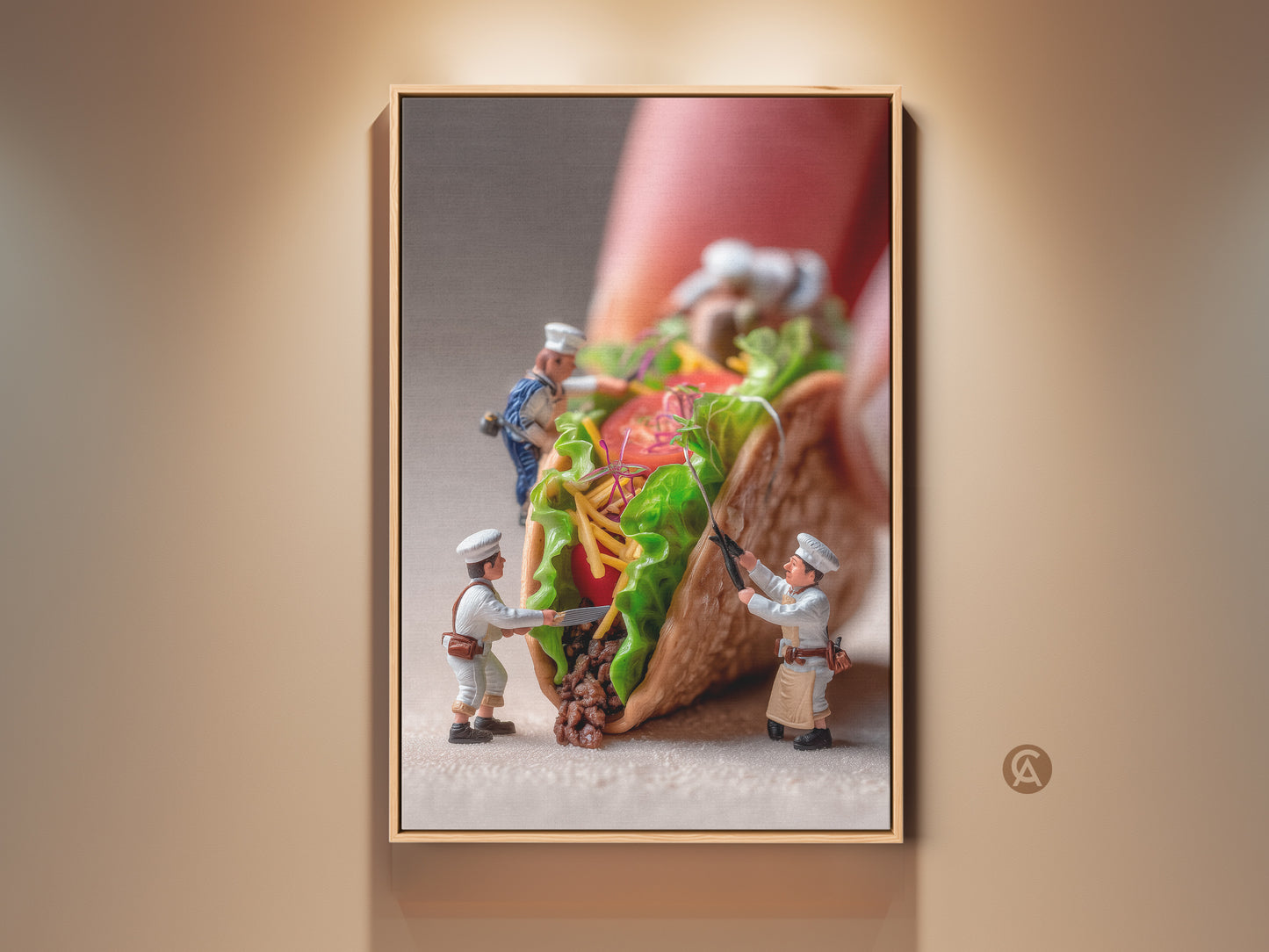 Explore this framed artwork of miniature chefs crafting a giant taco. A whimsical food art piece perfect for kitchen decor. This unique print captures culinary creativity and adds a playful touch to any space. A must-have for foodies seeking artistic inspiration.