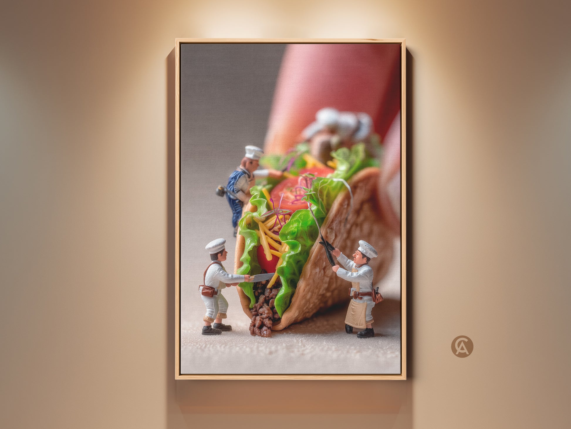 Explore this framed artwork of miniature chefs crafting a giant taco. A whimsical food art piece perfect for kitchen decor. This unique print captures culinary creativity and adds a playful touch to any space. A must-have for foodies seeking artistic inspiration.