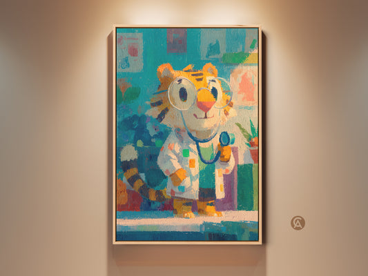 Charming artwork of a cartoon tiger dressed as a doctor. The tiger wears glasses and a stethoscope. It adds a playful touch to any space. Perfect art for kids' rooms or healthcare settings.
