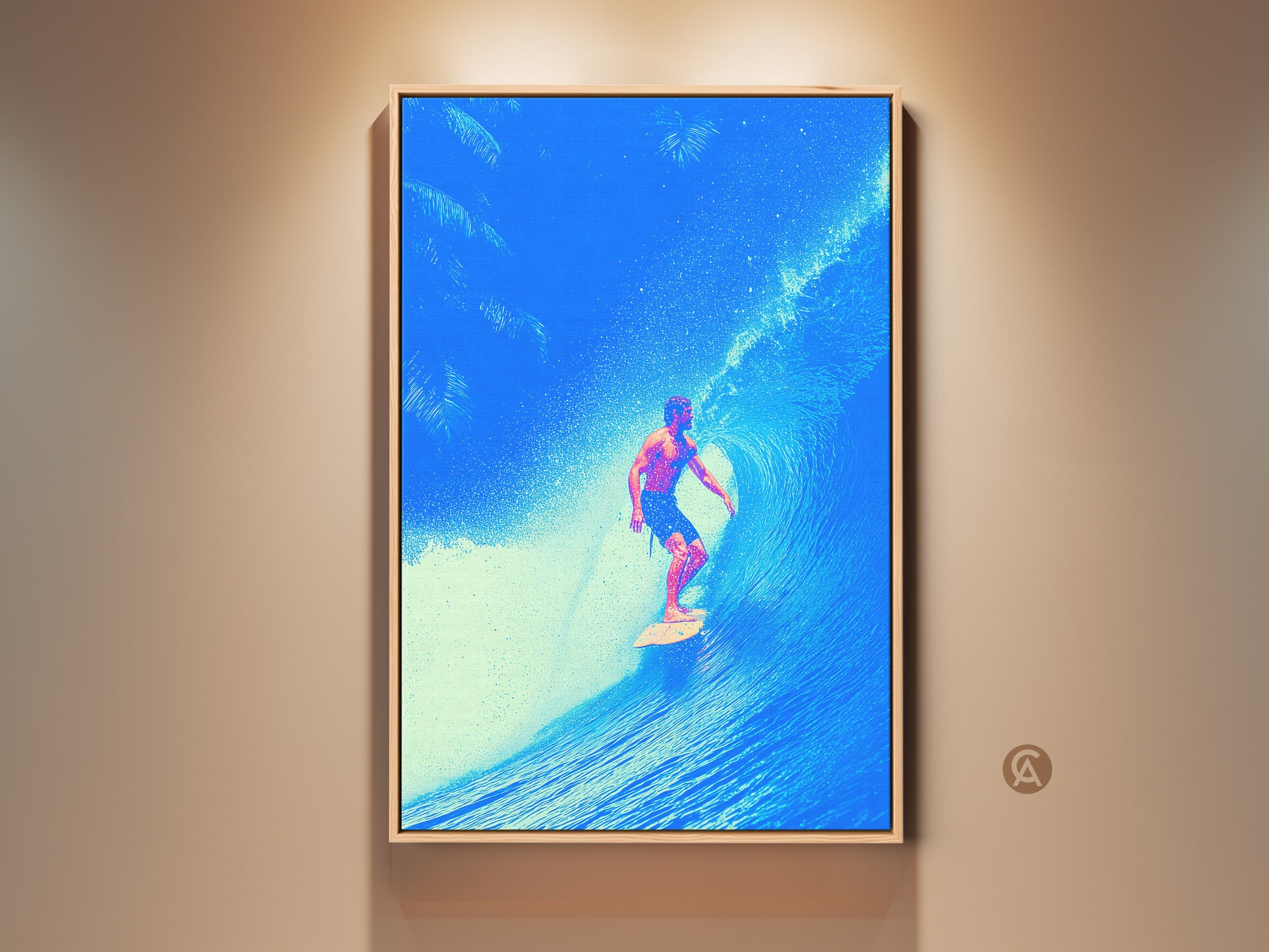Modern deep blue ocean wave art featuring a surfer. See palm tree silhouettes in background. This coastal canvas adds a tropical surf lifestyle touch to any room. It makes a great beach house decor piece or gift for surf enthusiasts.