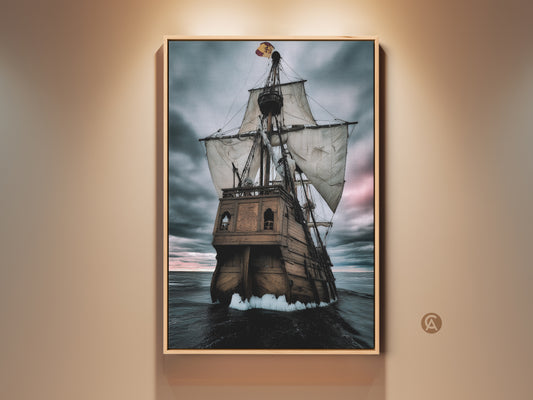 Nautical galleon canvas art in a study room setting. The maritime history artwork features a classic sailing ship under a stormy sky. This ocean adventure wall decor brings a touch of old-world charm. It's ideal for history buffs or anyone who appreciates nautical style in their study or office space.